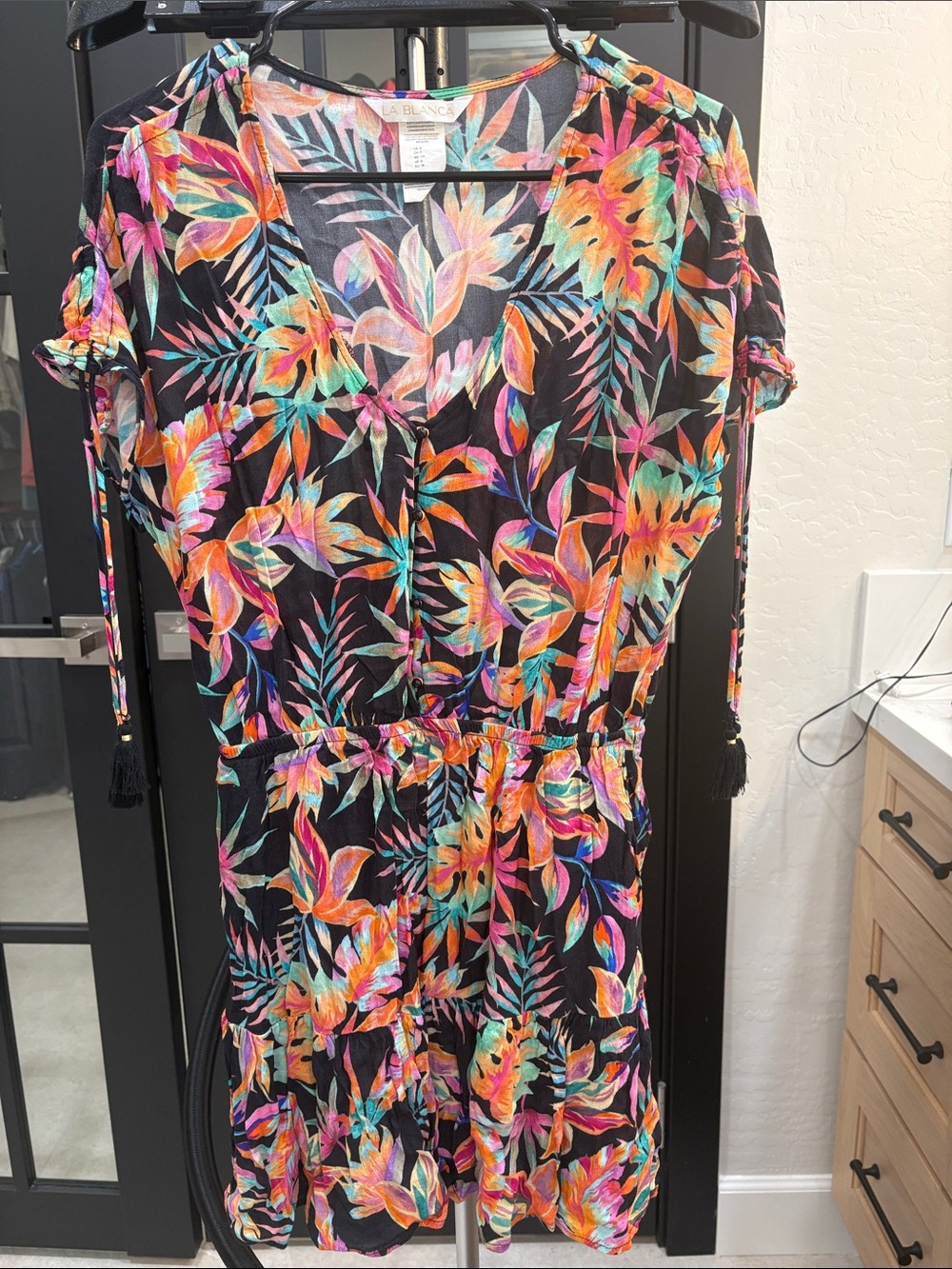 La Blanca Black Tropical Leaf Print Tie-Waist Dress